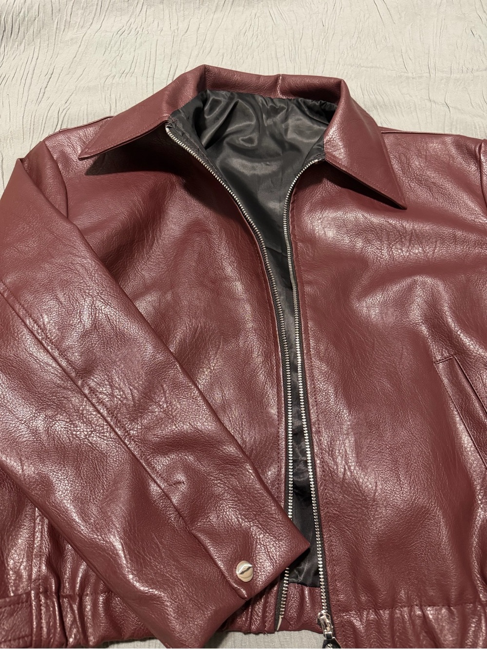 Women's Burgundy Faux Leather Zip Jacket
